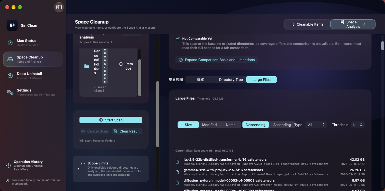 Sin Clean's Space Analysis page in a short window on a real device, with the personal folder scope selected and the Start Scan button fully visible and usable